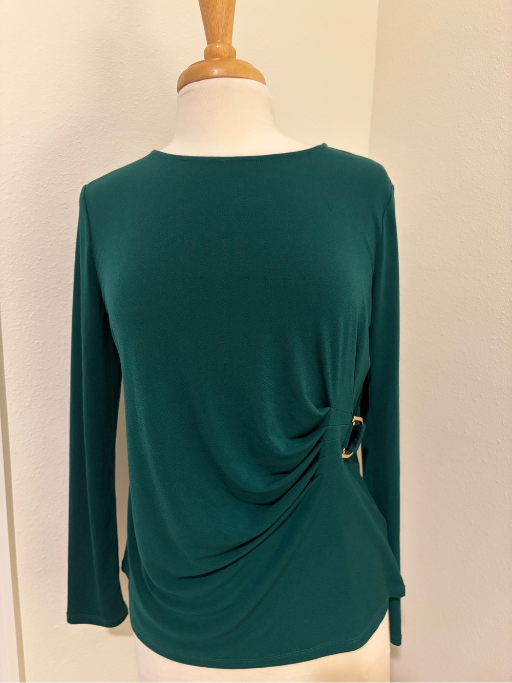 Adrianna Papell Teal Green Long-Sleeve Draped Top with Side Buckle